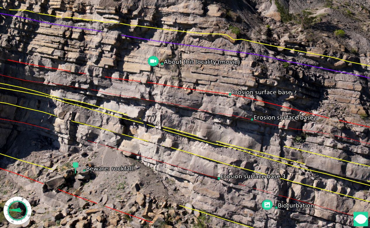 Points are used to mark areas in the 3D scene and link to supplementary files.